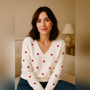 Elegant White V-Neck Sweater with Red Heart Details